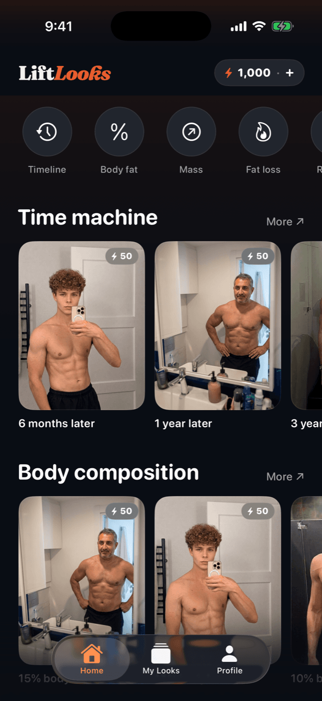 LiftLooks home screen: rows of transformations rendered on example photos