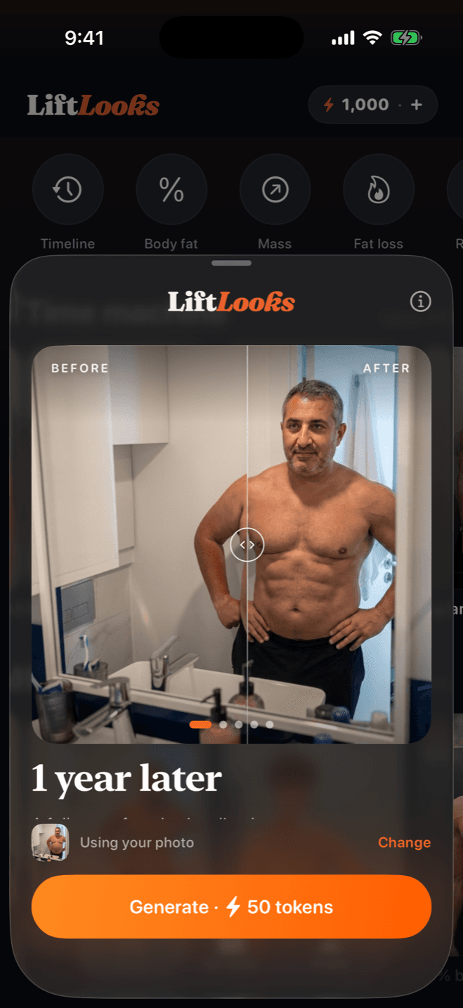 LiftLooks look screen with a before/after slider and a Generate button